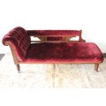 **RS17_Clearance** Edwardian antique carved oak chaise longue w/ period red velvet upholstery