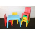 7x kids multi-coloured plastic chairs & a blue kids table; perfect for kids play room - RS17Sale