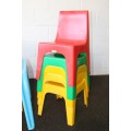 7x kids multi-coloured plastic chairs & a blue kids table; perfect for kids play room - RS17Sale