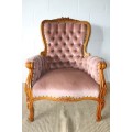 2x gorgeous Victorian French Walnut arm chairs with deep button detailing & stunning pink upholstery