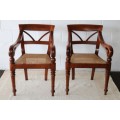 Two amazing vintage solid Teak rattan-seat "Colonial Style" armchairs/ carvers - stunning!