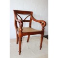 Two amazing vintage solid Teak rattan-seat "Colonial Style" armchairs/ carvers - stunning!
