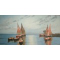 A fabulous large original signed and framed oil on canvas paintings of fishing boats in a harbour