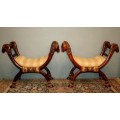 Two incredible rare vintage Empire parcel gilt curule chairs w/ ram's-head detailing - price/ chair