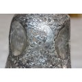 An incredible antique 3-sided 900 solid silver overlay decanter and stopper with a dragon motif