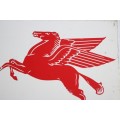 An amazing vintage red and white silkscreen Mobil Petroleum and Gas "Pegasus" flying horse wall sign