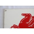 An amazing vintage red and white silkscreen Mobil Petroleum and Gas "Pegasus" flying horse wall sign