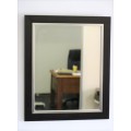 A stylish modern dark wood rectangular wall mirror with brushed steel detailing -  RS17M