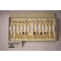 Awesome boxed set of 12x Eetrite 24K gold plated (on stainless steel) cake forks w/ blue rose decals