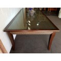 PRICE DRASTICALLY REDUCED!!! A 10-12 seater Mahogany & wicker table with a glass top!