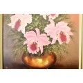 A fantastic large and colourful framed original signed "Paula Van Emmenis" oil painting of flowers.