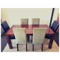 **RS17** A modern solid teak (180cm) dining table w/ 6x stylish upholstered high-back chairs