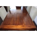 **RS17** A modern solid teak (180cm) dining table w/ 6x stylish upholstered high-back chairs