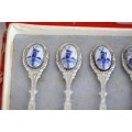 An awesome boxed set of six Dutch made silver plated cake forks with blue and white decals