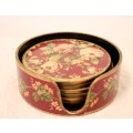 A beautiful vintage set of six Rose themed coasters in their holder- RS17Sale
