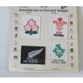 An awesome "1995 Rugby World Cup" commemorative jug and 16 iron on badges on display cards
