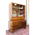 **RS17_Clearance** ART DECO (c.1930) walnut show cabinet w/ rounded corners & sliding glass doors