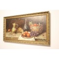 A beautiful large still life painting on canvas signed "Aaron" in a stunning frame.