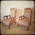 **RS17** Antique Edwardian solid teak hand carved & upholstered Bergere armchair on turned legs
