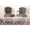 **RS17** Wonderful pair of green upholstered, cream painted Louis XV style carved open-arm armchairs