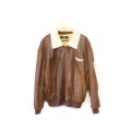 **RS17** Awesome gents brown genuine leather bomber jacket w/ quilted lining & faux sheepskin collar