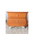 A gorgeous pair of modern Bombe style 2-drawer pedestals/ bedside tables with metal feet & handles