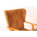 **RS17** Wonderful vintage mid-century solid oak retro-brown period-upholstered wing back armchair