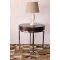 A wonderful modern styled round steel frame coffee/ side table with a broad wood profile