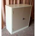 A sturdy metal multi purpose cabinet with a large cupboard, needs some tlc, perfect to paint!