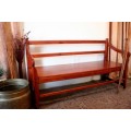 A wonderful well-made, sturdy vintage three seater  wood bench - perfect  in a lapa/ patio!