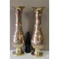 A exquisite large vintage decorative brass vases from India w/ colourful detailing. Lifespace Sale