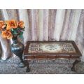 vintage scalloped edge Teak ball and claw coffee table w/ a tapestry under glass-Lifespace Sale