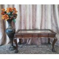 vintage scalloped edge Teak ball and claw coffee table w/ a tapestry under glass-Lifespace Sale