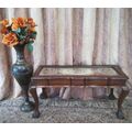 vintage scalloped edge Teak ball and claw coffee table w/ a tapestry under glass-Lifespace Sale