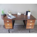 A fantastic old school teachers six drawer Teak desk with a large work surface-Lifespace Sale
