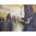 A wonderful oil on canvas of boats in a frame. Pretty in all rooms!!! Lifespace Sale
