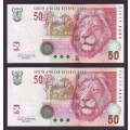 South Africa - Gill Marcus 2 by 50 Rand Notes in Sequence and UNC