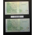 Republic of South Africa - Gill Marcus - 2 by 10 Rand Banknotes in Sequence and UNC