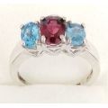 **Superb 1.76ct. 3-Stone Genuine Tourmaline and Natural Blue Topaz Sterling Silver Ring 6