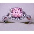 SOLID STERLING SILVER New Pink Ice Cushion Cut Crossover Halo Engagement Ring