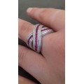 **Luxury Design!**Stunning! SOLID .925 STERLING SILVER Pink Ruby&Cz Diamond Crossover Ring