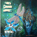 `BLUE DRAGONFLY ON BORAGE` Original Painting on Boxed Canvas by Cherie Roe Dirksen - Wall Art