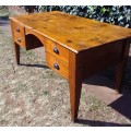 Lovely 1800`s, rustic Oregon desk / table with four drawers, cup handles and thick tapered legs.