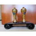 Chinese antique pair of ornamental copper vases with cloisonné filigree cloud patterns