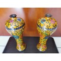 Chinese antique pair of ornamental copper vases with cloisonné filigree cloud patterns