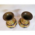 Eastern Chinese antique pair of ornamental copper vases with cloisonné filigree cloud patterns