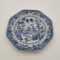 Octagonal porcelain plate depicting human settlement from the mid Qing Dynasty(QianLong 1736-1796)