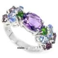 UNIQUE MULTI GEM SOLID 925 STERLING SILVER RING - SIZE 6(M)
