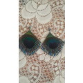 Hand Beaded Iridescent Peacock Feather Blue Beads Dangle Drop Earrings Handmade Women Jewel