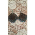 FASHION JEWELLERY: Hand Beaded Iridescent Peacock Feather Blue Beads Dangle Drop Earings